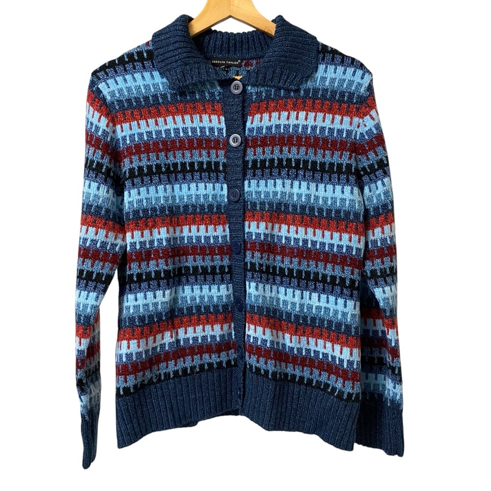 Vintage Carolyn Taylor blue red stripe abstract button up cardigan sweater small